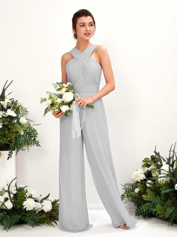 Carlyna Overall Wickelausschnitt Bodenlang Chiffon gerafft Brautjungfernkleider Silber #farbe_silber