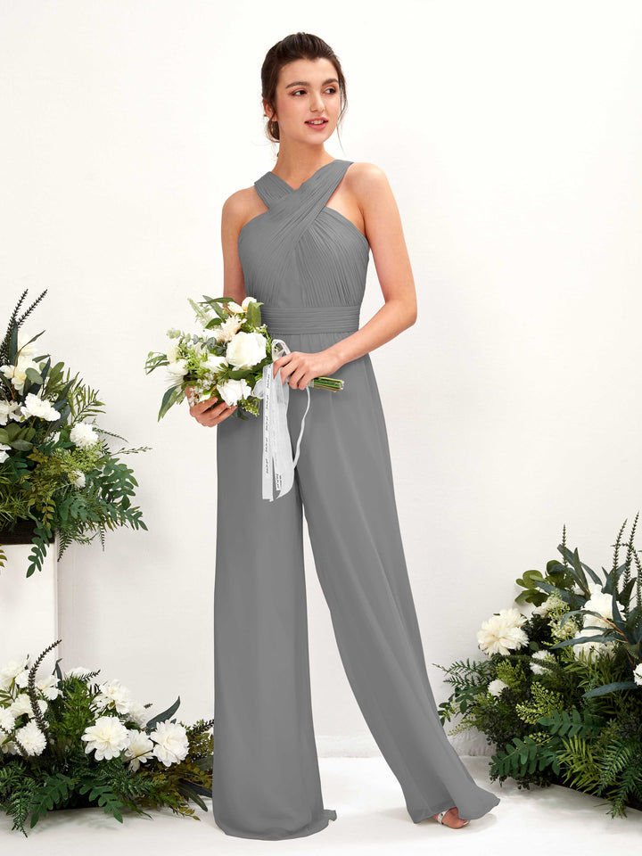 Carlyna Overall Wickelausschnitt Bodenlang Chiffon gerafft Brautjungfernkleider Stahlgrau 