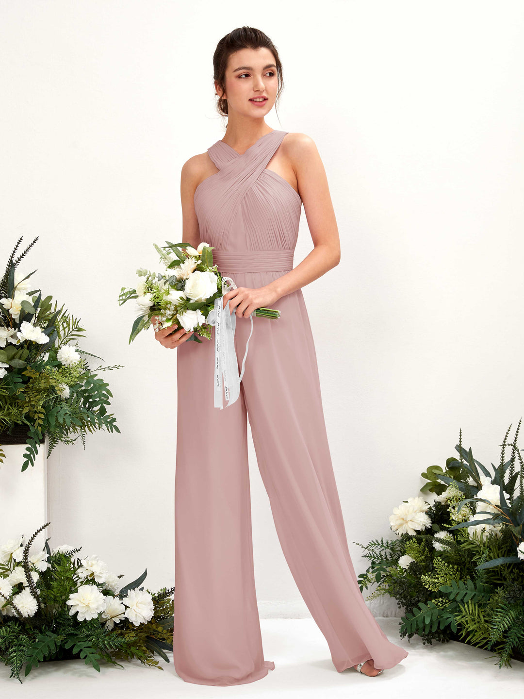 Carlyna Overall Wickelausschnitt Bodenlang Chiffon gerafft Brautjungfernkleider Staubige Rose 