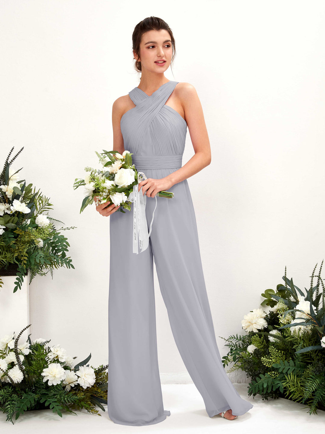 Carlyna Overall Wickelausschnitt Bodenlang Chiffon gerafft Brautjungfernkleider Staubiger Lavendel 