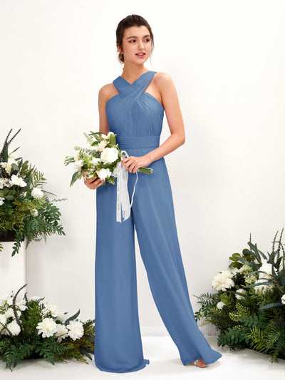 Carlyna Overall Wickelausschnitt Bodenlang Chiffon gerafft Brautjungfernkleider Staubiges Blau #farbe_staubiges-blau