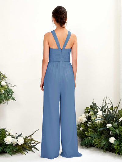 Carlyna Overall Wickelausschnitt Bodenlang Chiffon gerafft Brautjungfernkleider Staubiges Blau #farbe_staubiges-blau