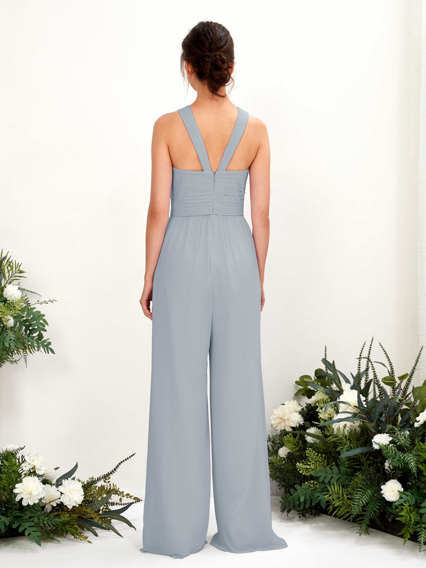 Carlyna Overall Wickelausschnitt Bodenlang Chiffon gerafft Brautjungfernkleider Staubiges Blau-Upgrade #farbe_staubiges-blau-upgrade