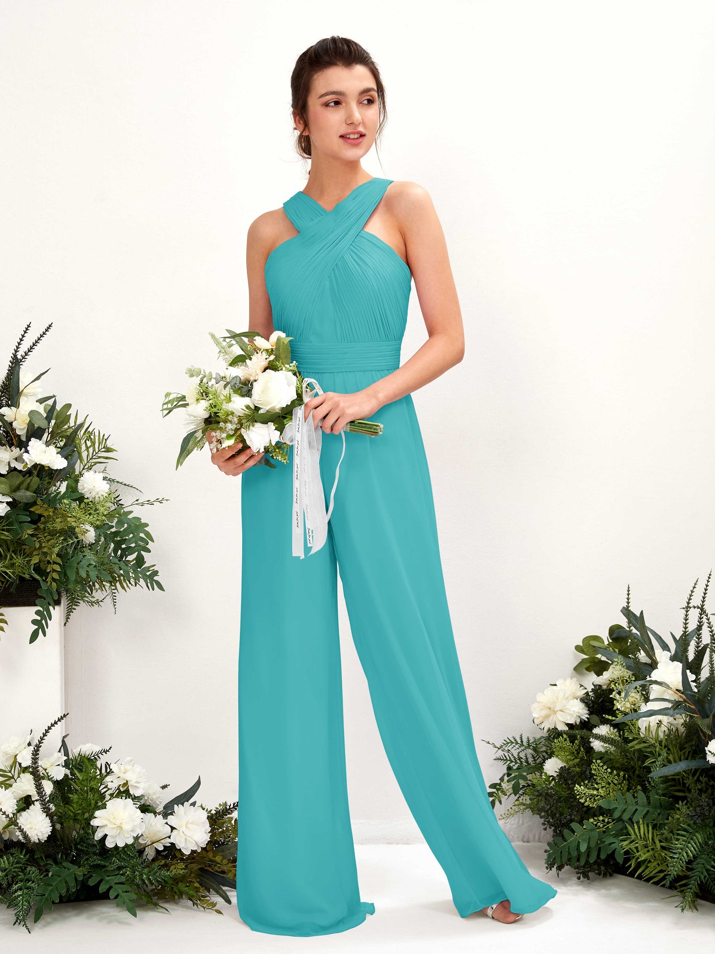 Carlyna Overall Wickelausschnitt Bodenlang Chiffon gerafft Brautjungfernkleider Türkis #farbe_t-rkis
