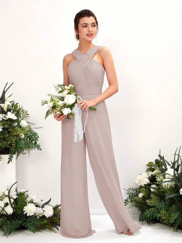 Carlyna Overall Wickelausschnitt Bodenlang Chiffon gerafft Brautjungfernkleider Taupe 
