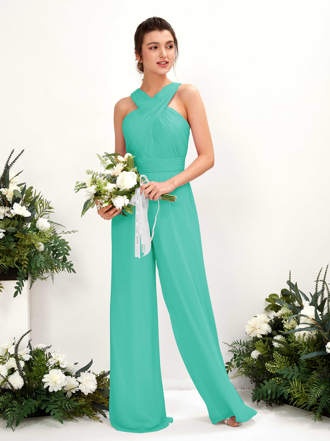 Carlyna Overall Wickelausschnitt Bodenlang Chiffon gerafft Brautjungfernkleider Tiffany-Blau 