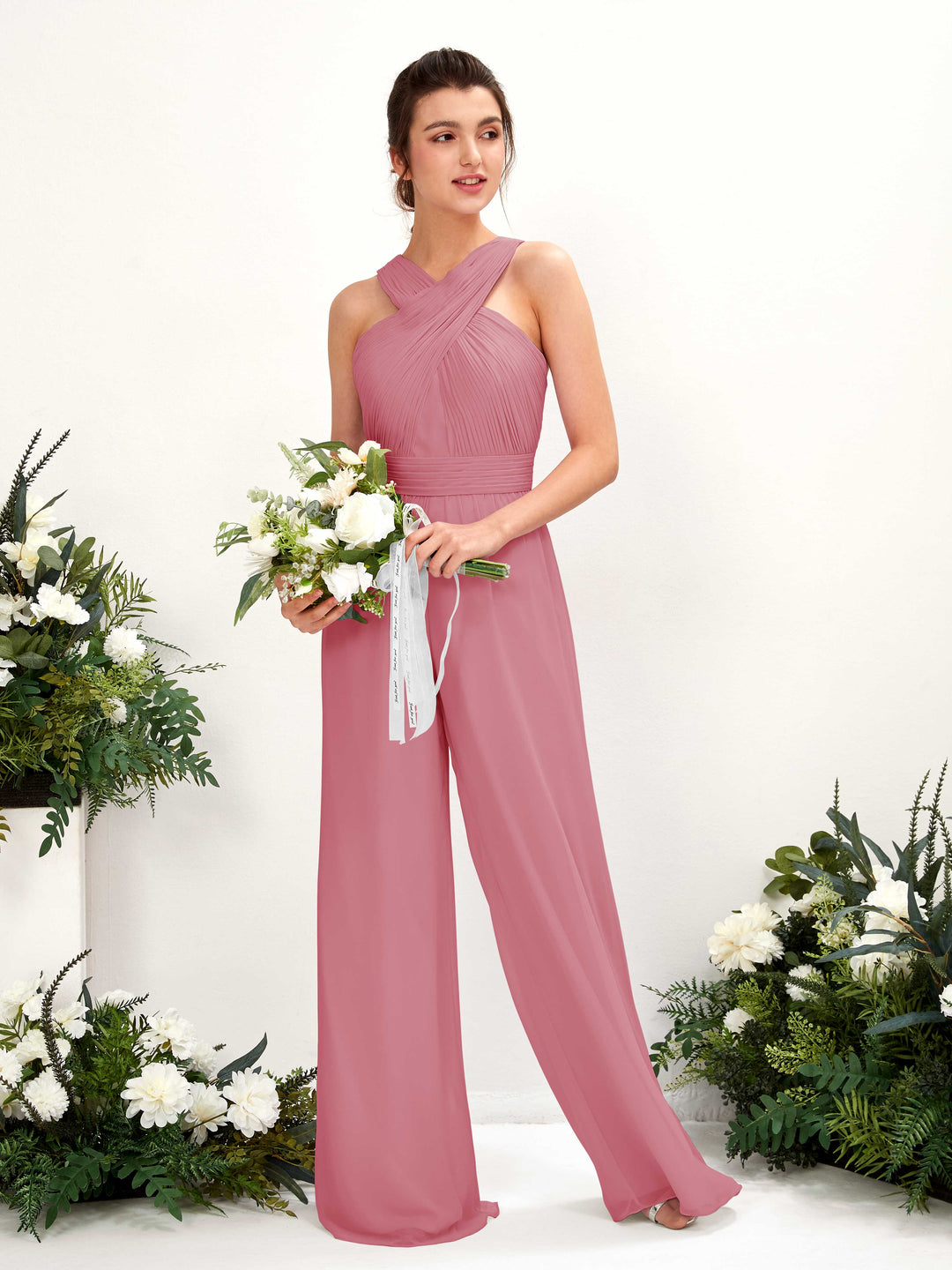 Carlyna Overall Wickelausschnitt Bodenlang Chiffon gerafft Brautjungfernkleider Wüstenrose 