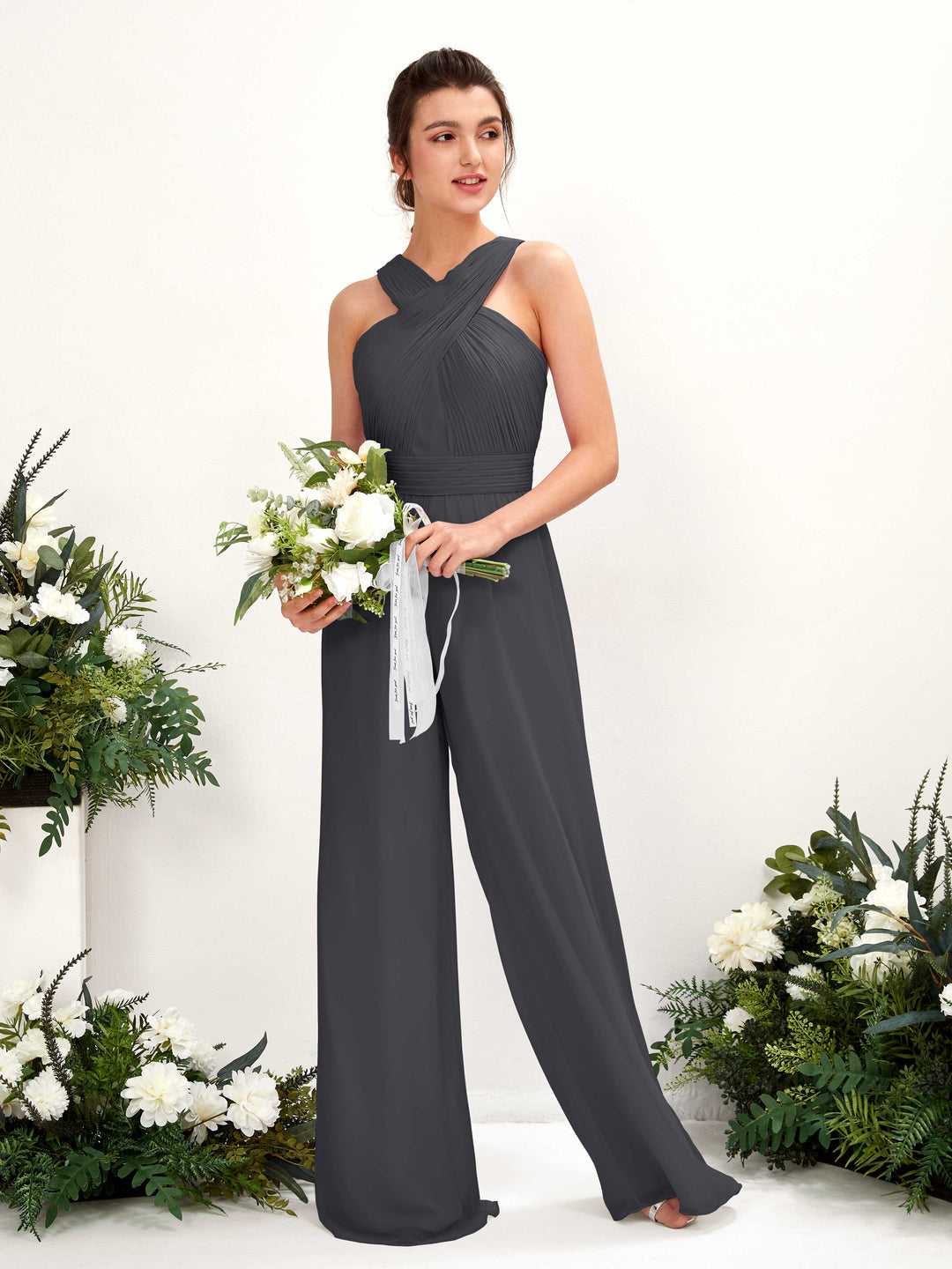 Carlyna Overall Wickelausschnitt Bodenlang Chiffon gerafft Brautjungfernkleider Zinnfarben 