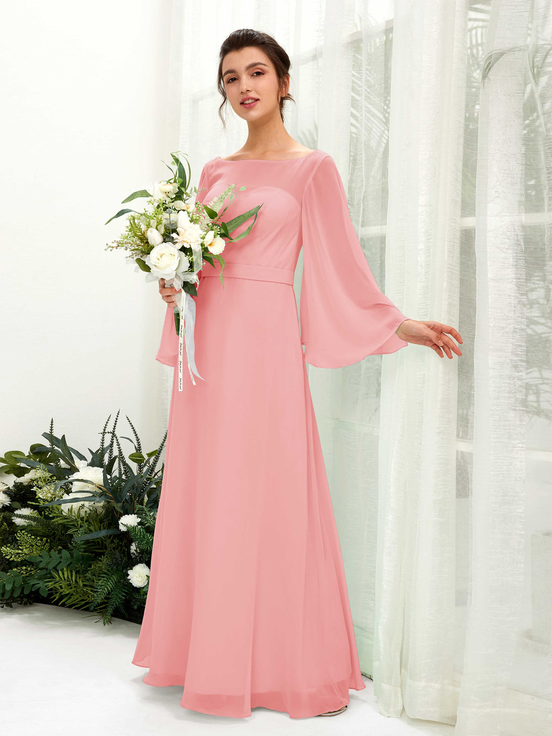 Carlyna U-Boot-Ausschnitt Bodenlanges A-Linien-Kleid Langarm Brautjungfernkleider Ballettrosa 