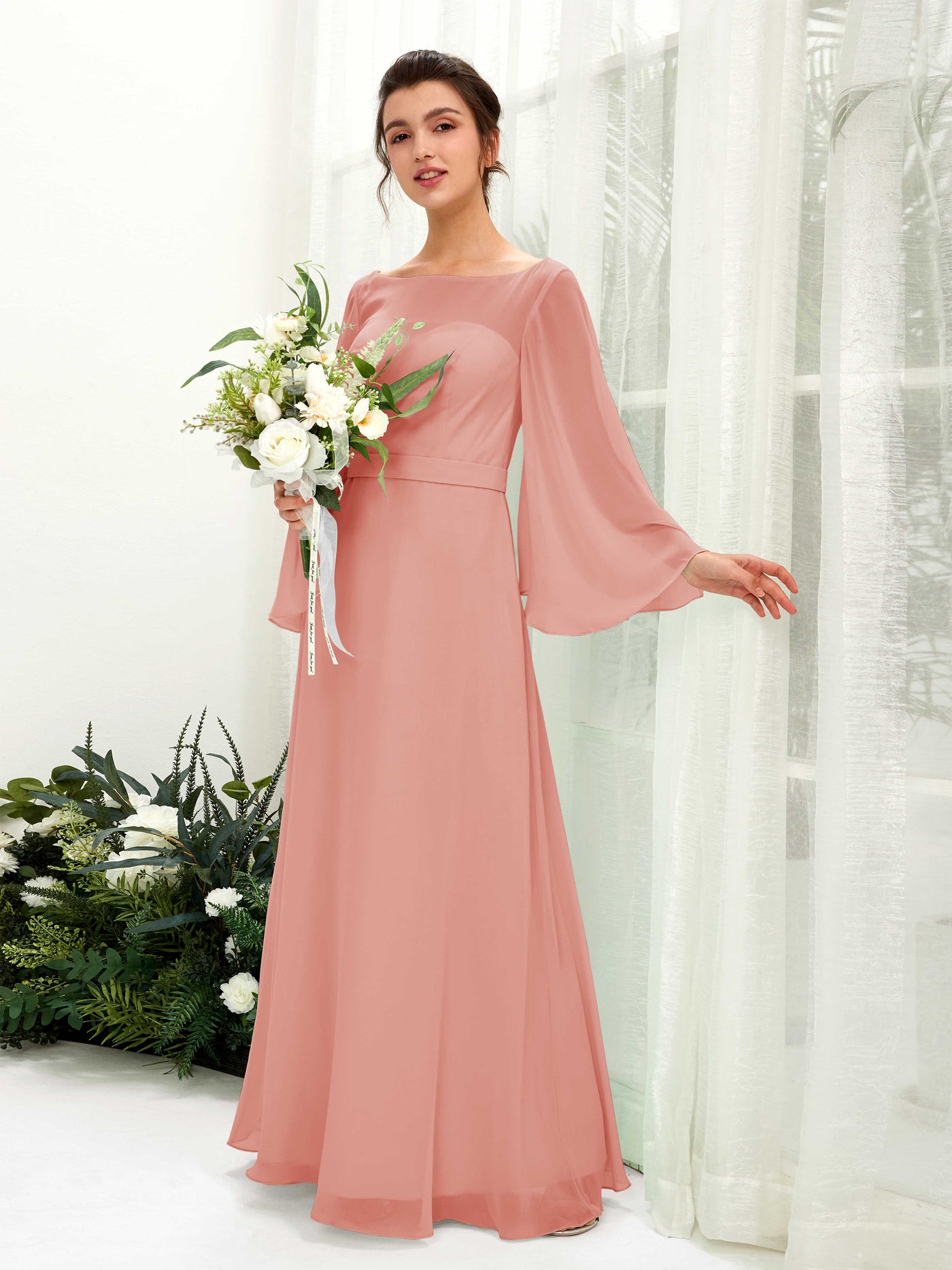 Carlyna U-Boot-Ausschnitt Bodenlanges A-Linien-Kleid Langarm Brautjungfernkleider Champagner-Rose #farbe_champagner-rose