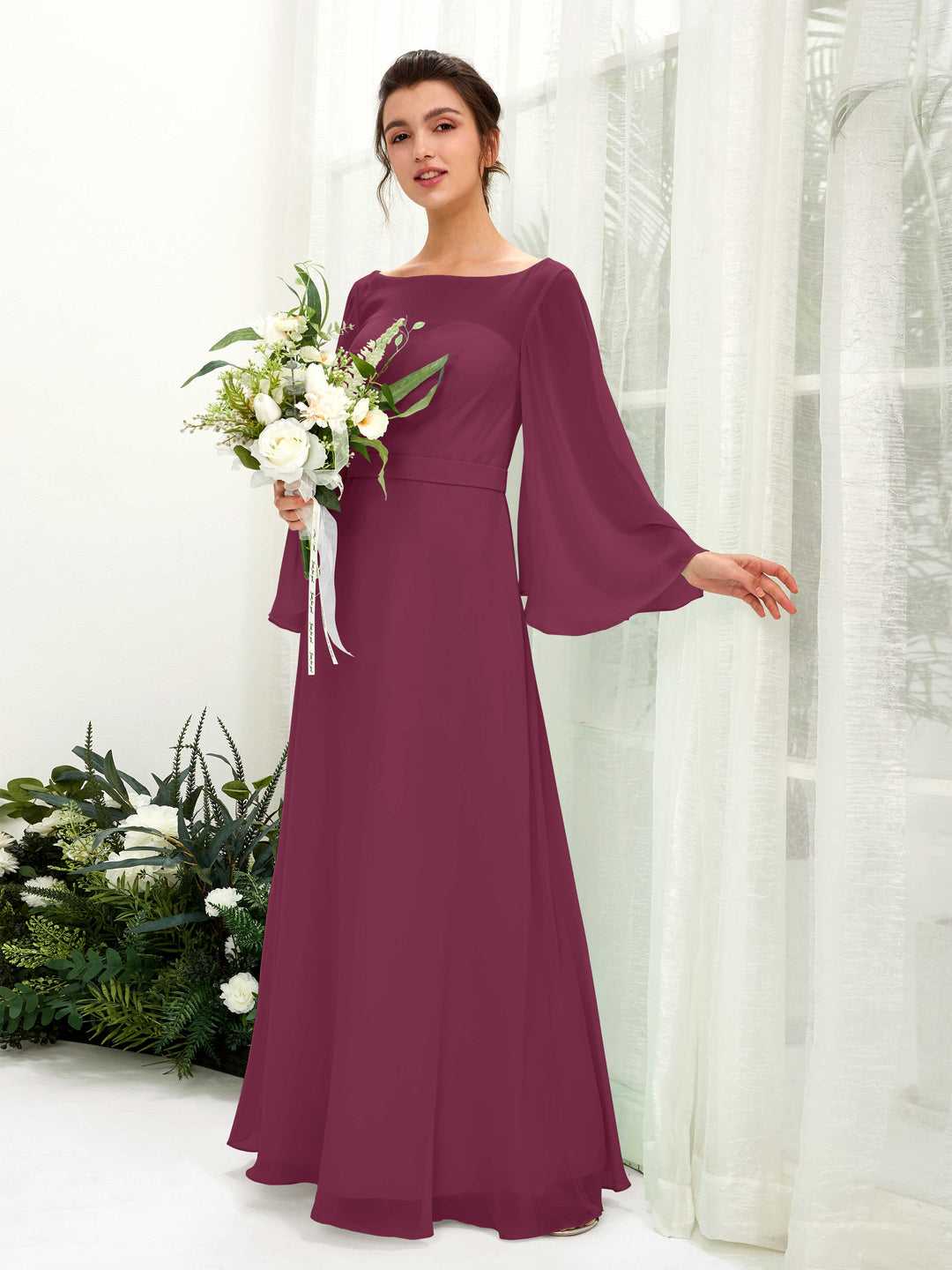 Carlyna U-Boot-Ausschnitt Bodenlanges A-Linien-Kleid Langarm Brautjungfernkleider Chianti 