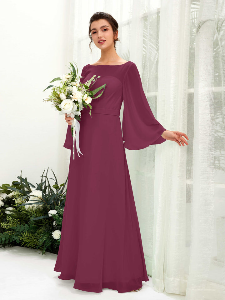 Carlyna U-Boot-Ausschnitt Bodenlanges A-Linien-Kleid Langarm Brautjungfernkleider Chianti 