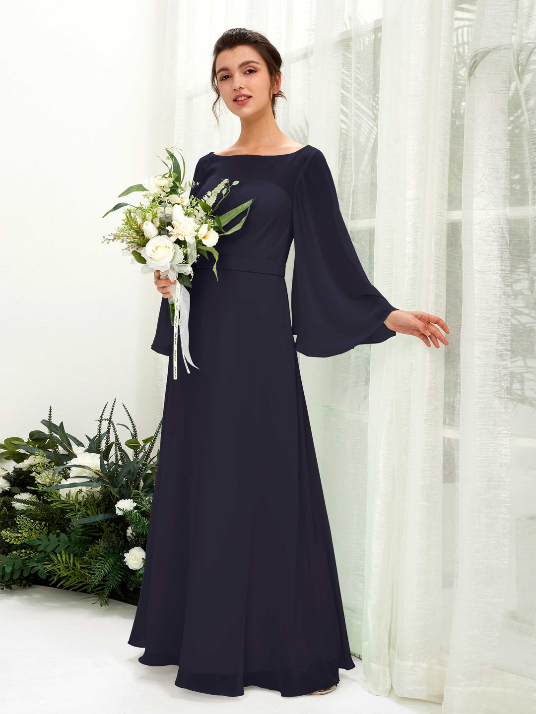Carlyna U-Boot-Ausschnitt Bodenlanges A-Linien-Kleid Langarm Brautjungfernkleider Dunkel Marineblau 