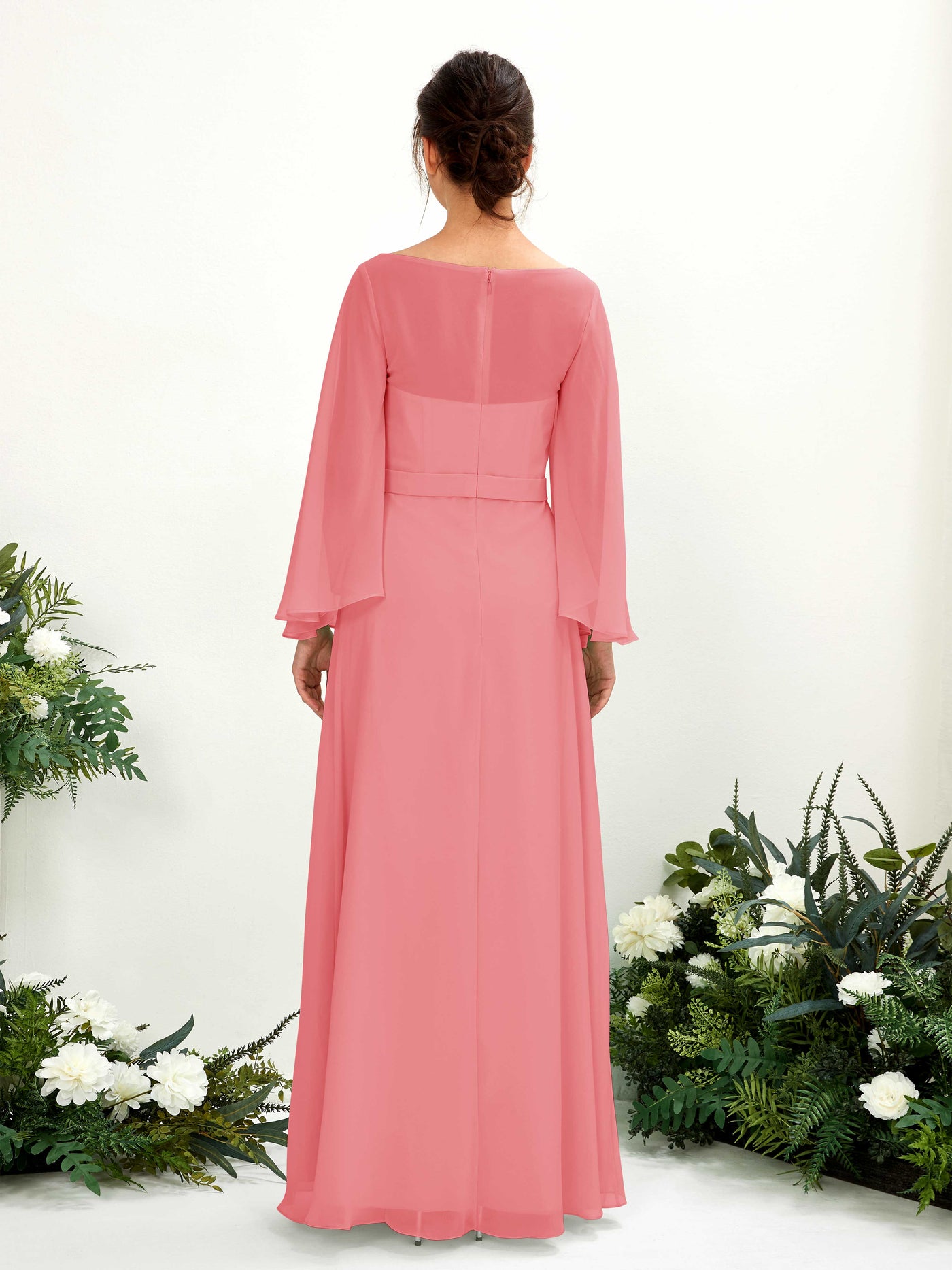 Carlyna U-Boot-Ausschnitt Bodenlanges A-Linien-Kleid Langarm Brautjungfernkleider Korallenrosa #farbe_korallenrosa