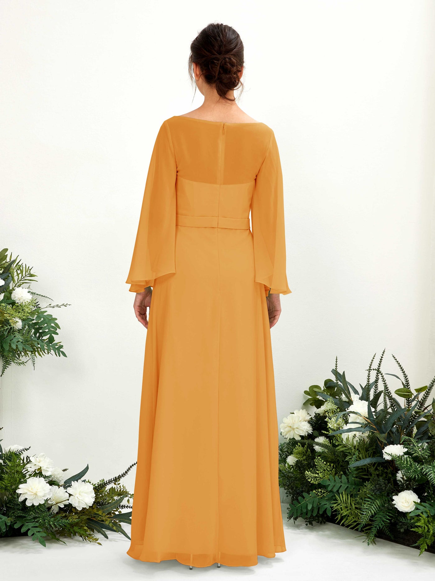 Carlyna U-Boot-Ausschnitt Bodenlanges A-Linien-Kleid Langarm Brautjungfernkleider Mango #farbe_mango
