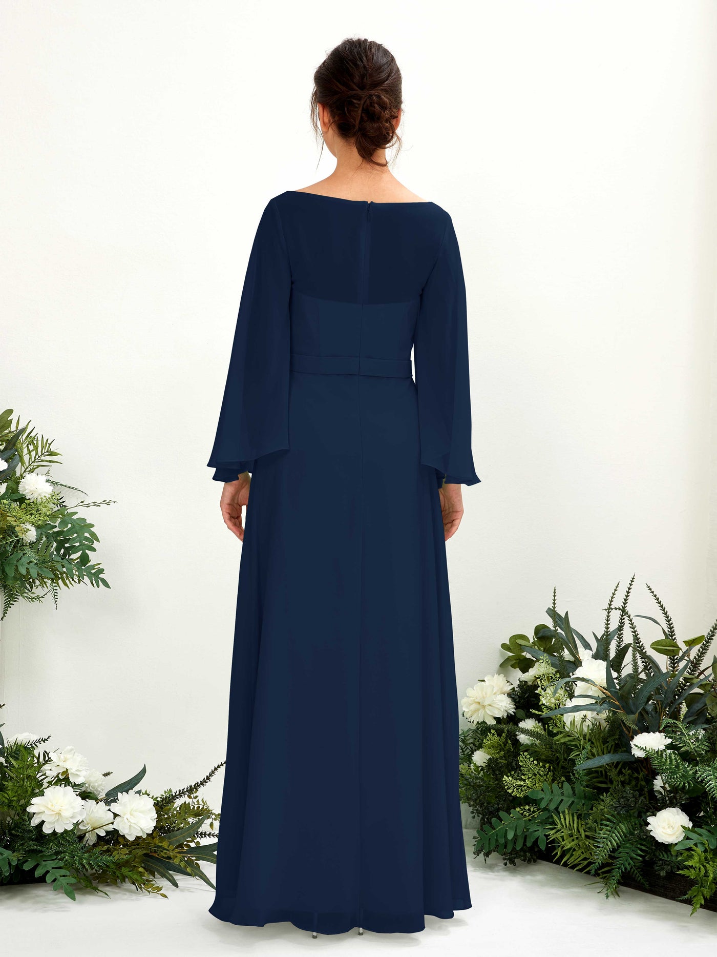 Carlyna U-Boot-Ausschnitt Bodenlanges A-Linien-Kleid Langarm Brautjungfernkleider Marineblau #farbe_marineblau