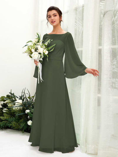 Carlyna U-Boot-Ausschnitt Bodenlanges A-Linien-Kleid Langarm Brautjungfernkleider Martini-Olive #farbe_martini-olive