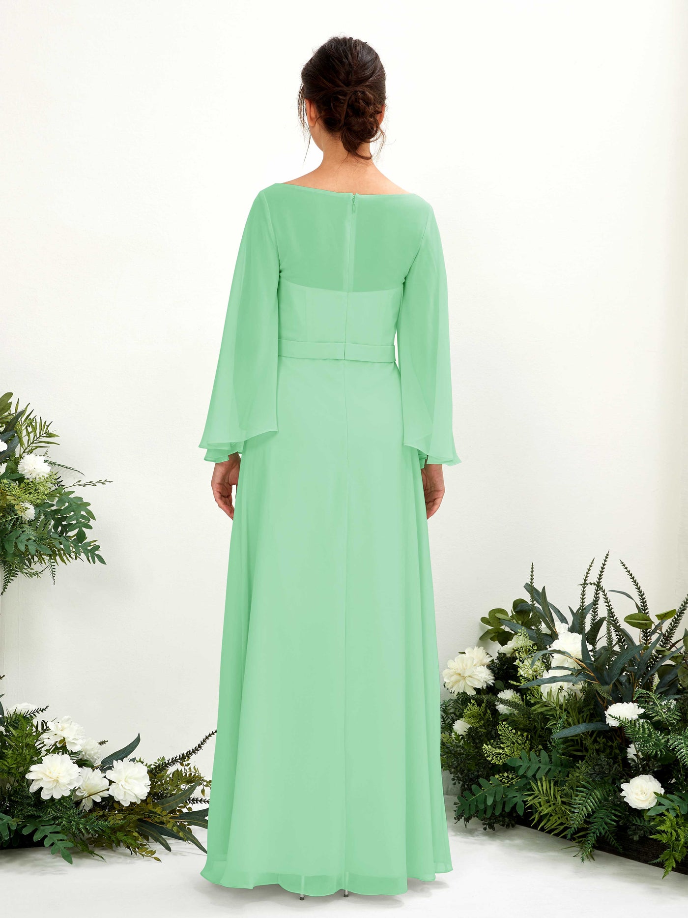 Carlyna U-Boot-Ausschnitt Bodenlanges A-Linien-Kleid Langarm Brautjungfernkleider Minzgrün #farbe_minzgr-n