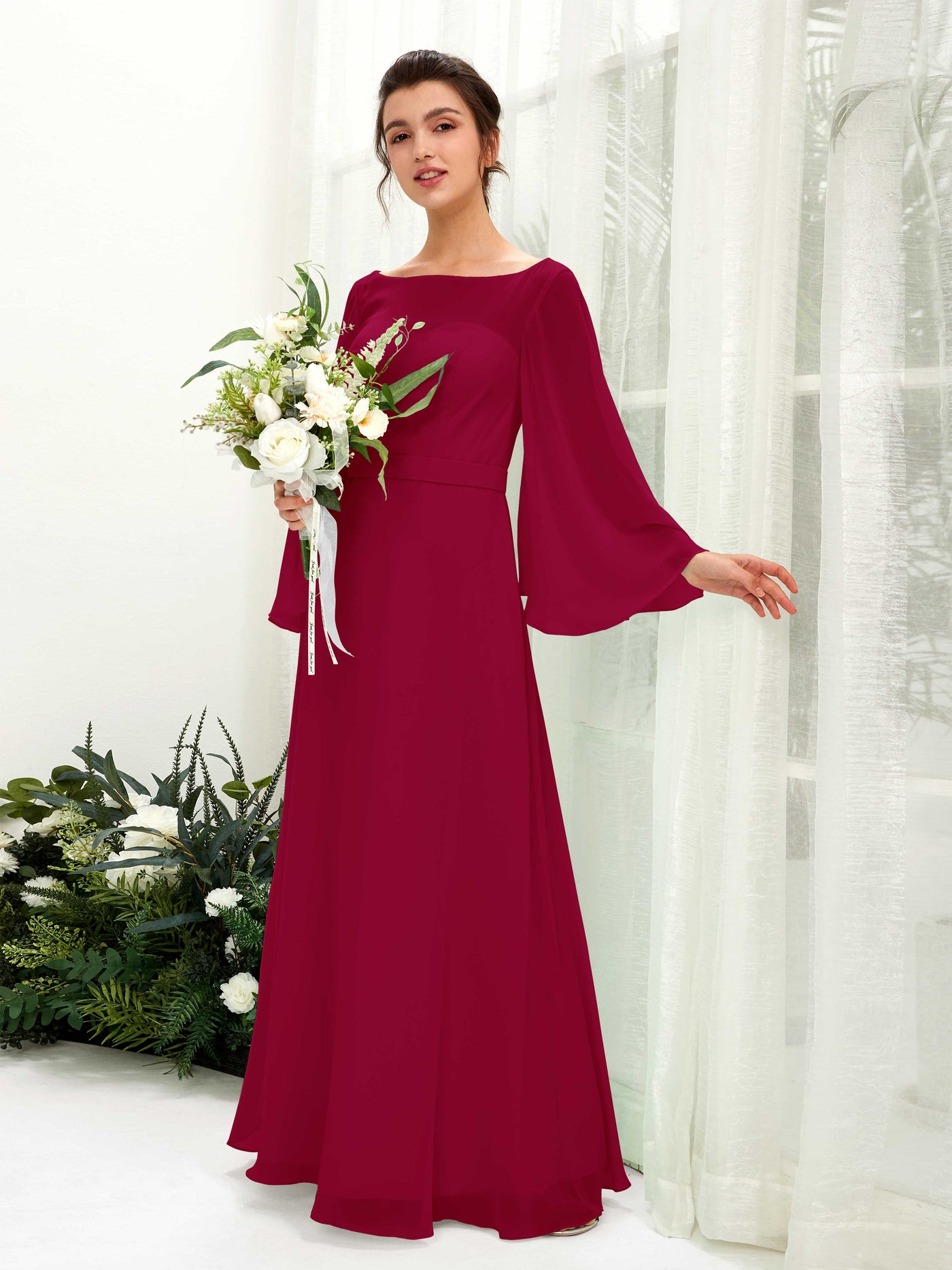Carlyna U-Boot-Ausschnitt Bodenlanges A-Linien-Kleid Langarm Brautjungfernkleider Narrenrot #farbe_narrenrot