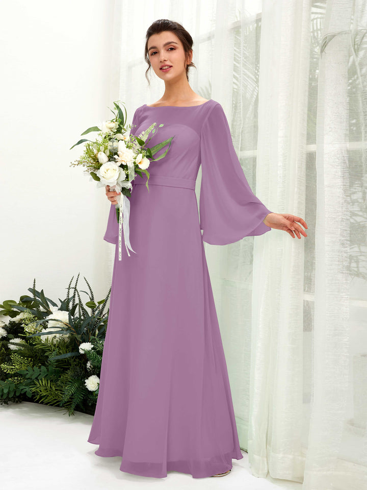 Carlyna U-Boot-Ausschnitt Bodenlanges A-Linien-Kleid Langarm Brautjungfernkleider Orchideen-Nebel 