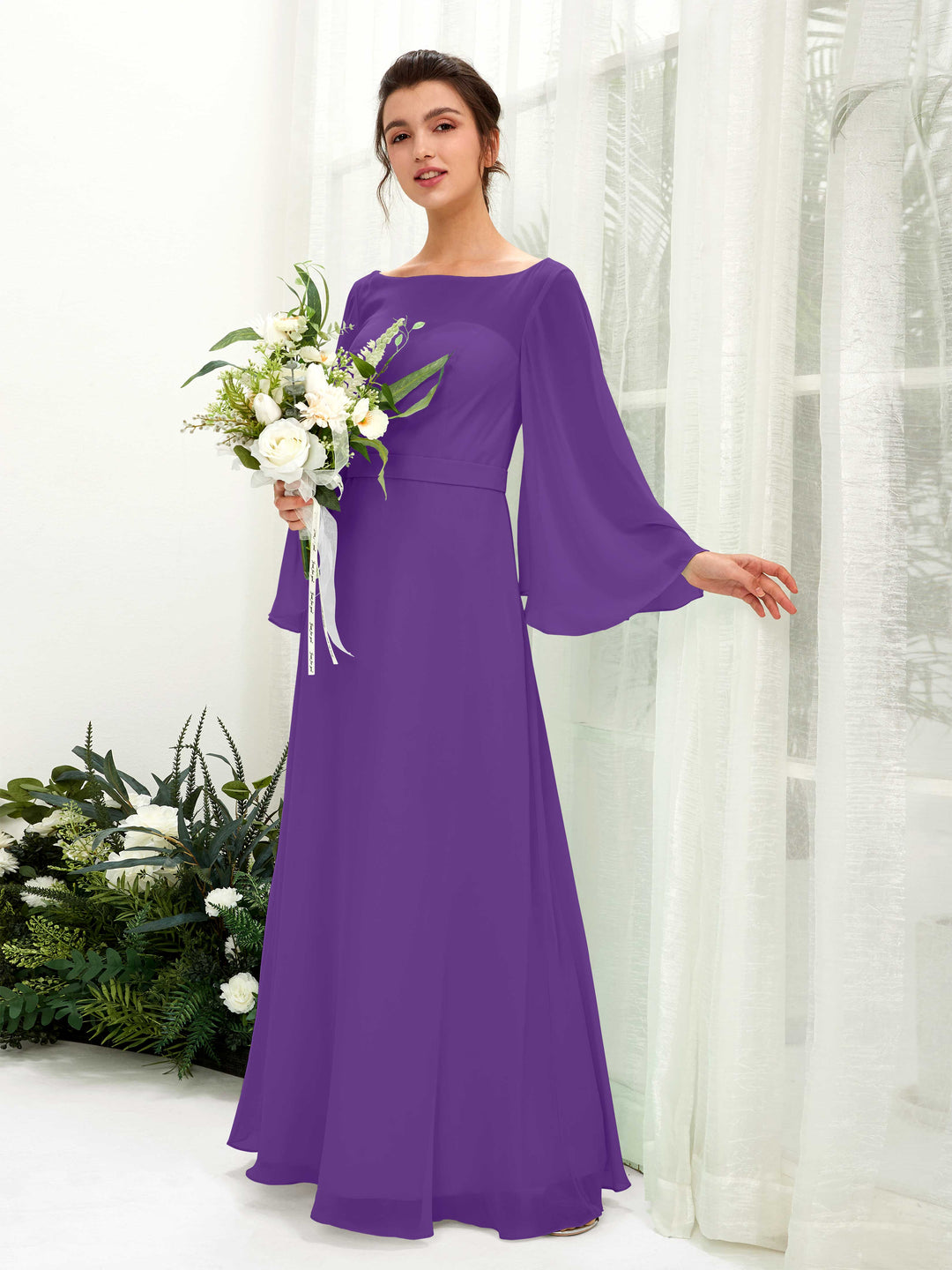 Carlyna U-Boot-Ausschnitt Bodenlanges A-Linien-Kleid Langarm Brautjungfernkleider Regency 