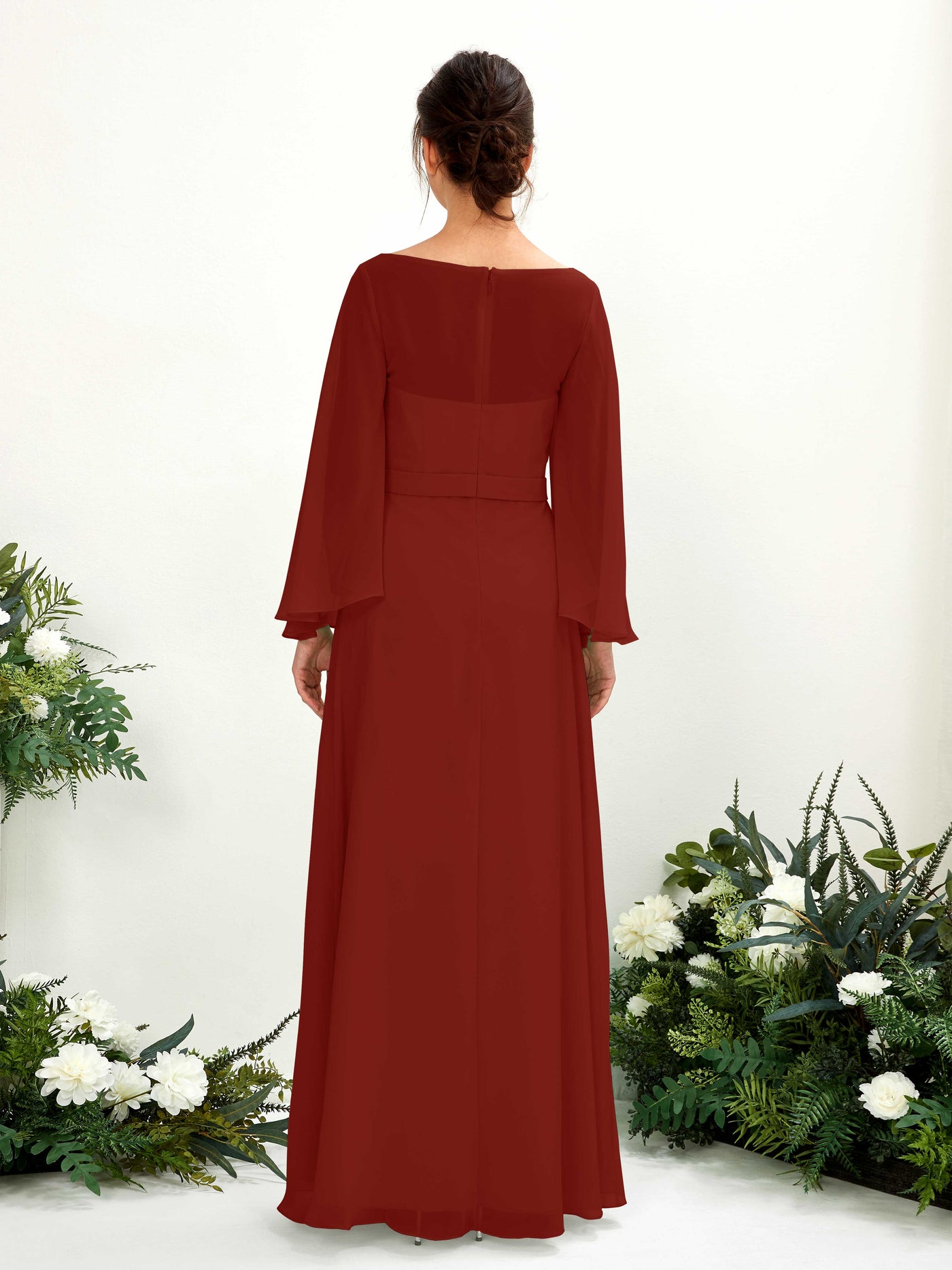 Carlyna U-Boot-Ausschnitt Bodenlanges A-Linien-Kleid Langarm Brautjungfernkleider Rostrot #farbe_rostrot