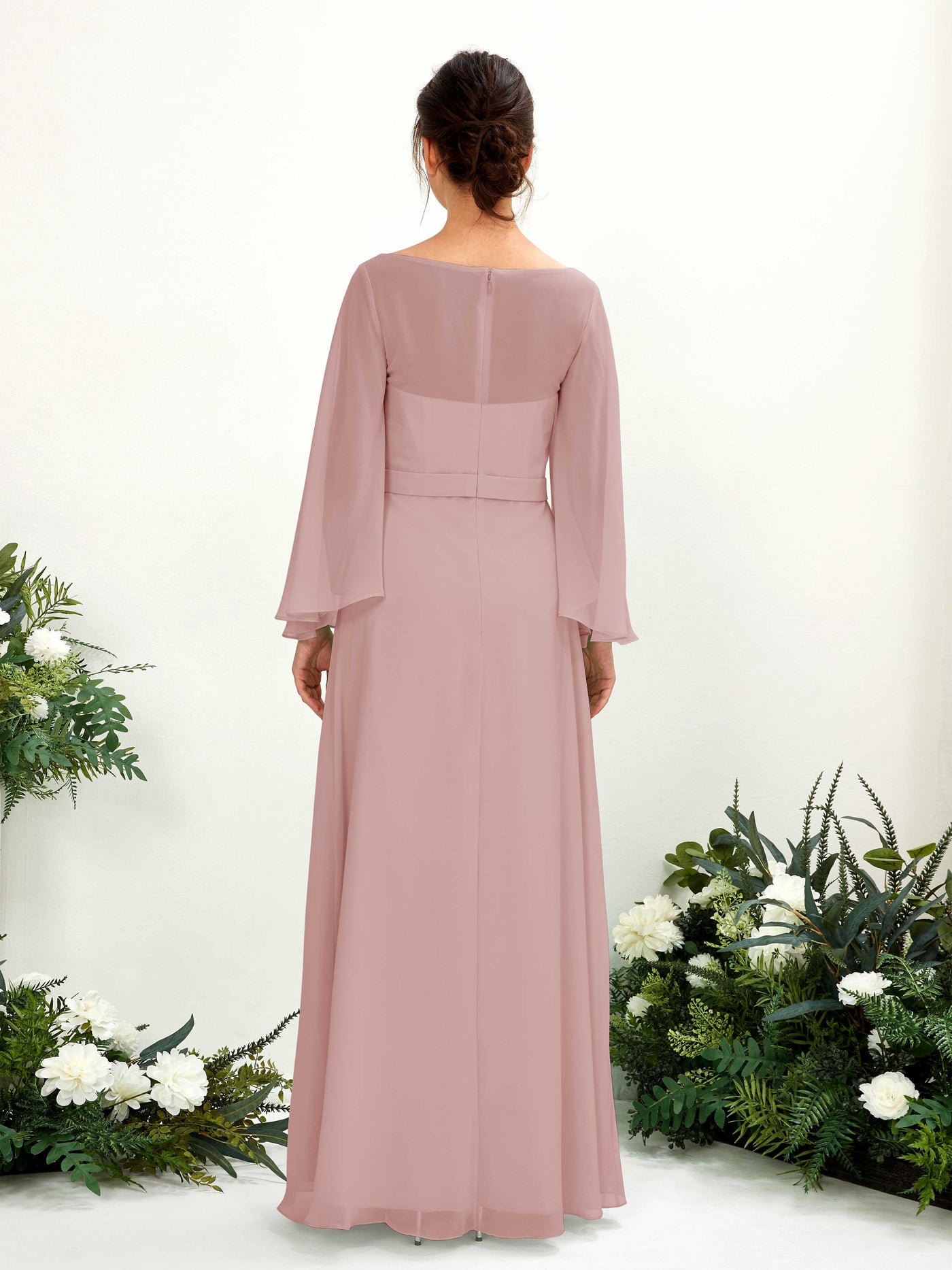 Carlyna U-Boot-Ausschnitt Bodenlanges A-Linien-Kleid Langarm Brautjungfernkleider Staubige Rose #farbe_staubige-rose