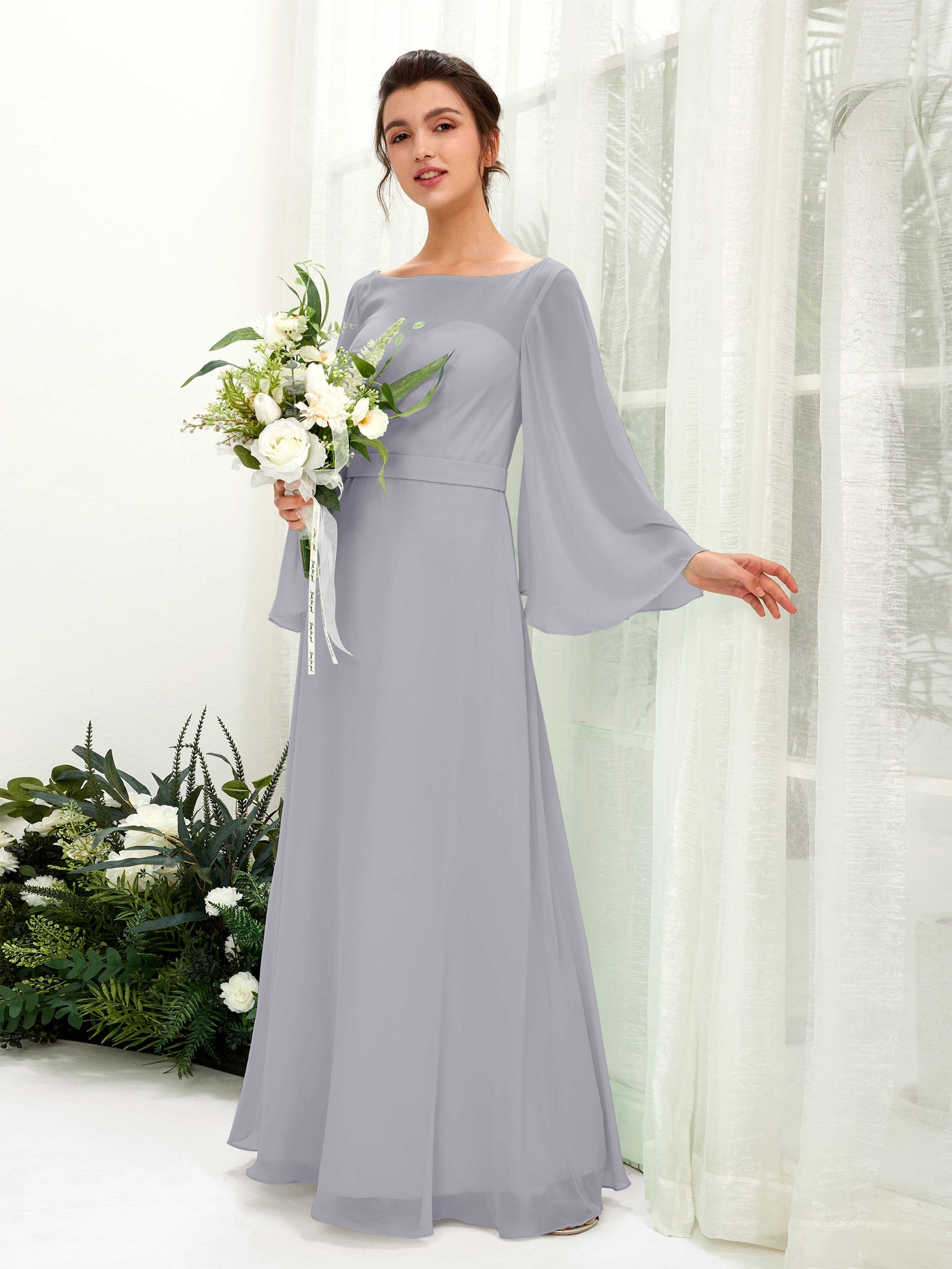Carlyna U-Boot-Ausschnitt Bodenlanges A-Linien-Kleid Langarm Brautjungfernkleider Staubiger Lavendel #farbe_staubiger-lavendel
