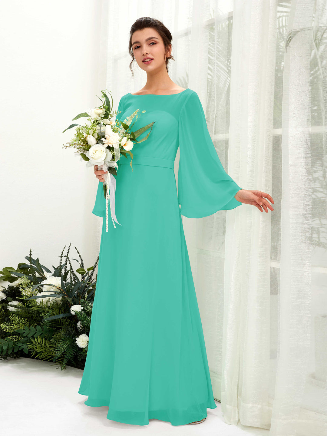 Carlyna U-Boot-Ausschnitt Bodenlanges A-Linien-Kleid Langarm Brautjungfernkleider Tiffany-Blau 