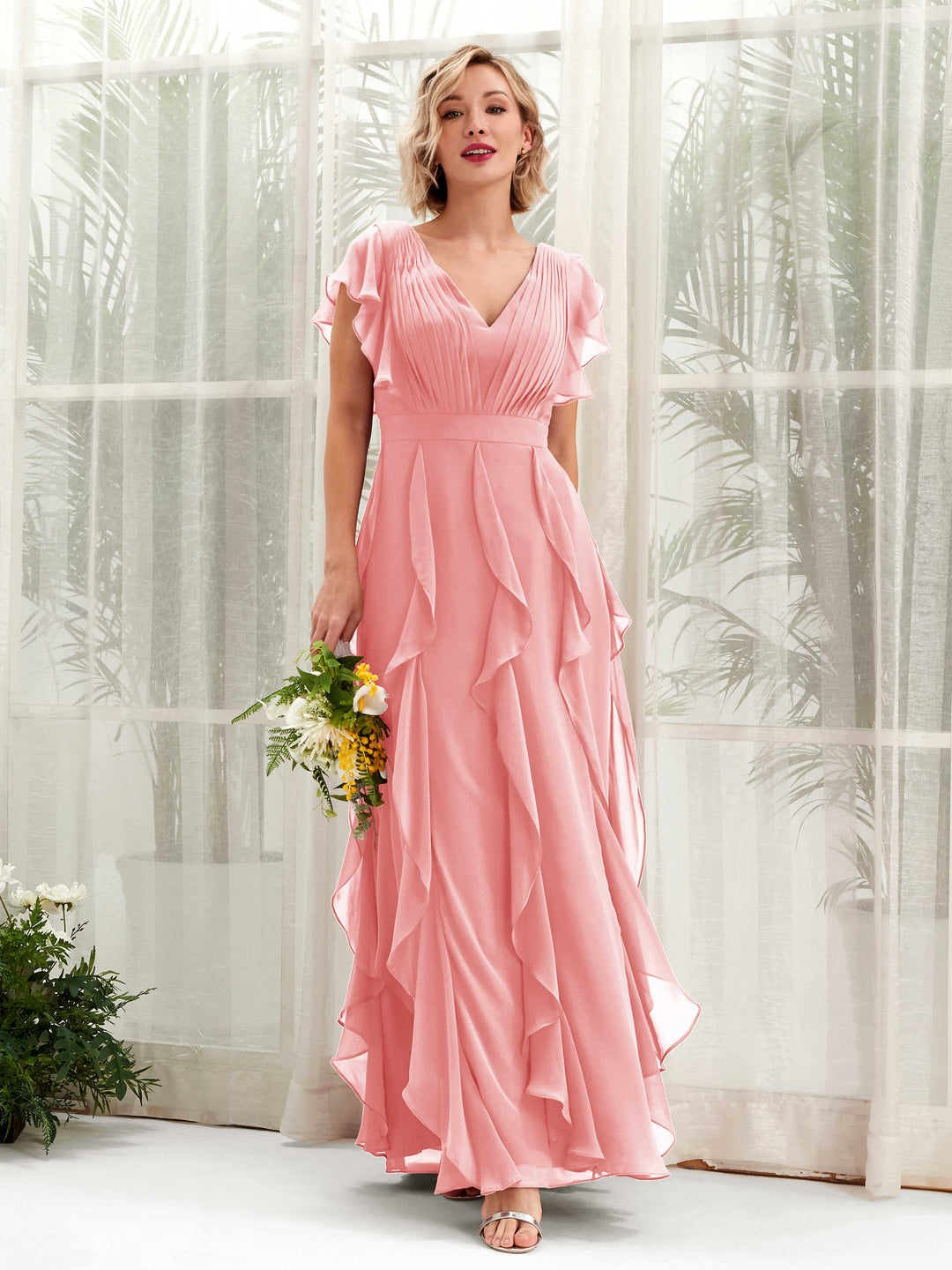 Carlyna V-Ausschnitt Bodenlang Gerafftes Brautjungfernkleid Ballettrosa 