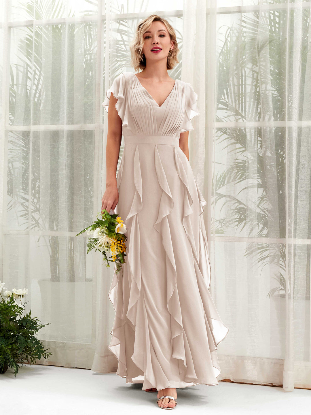 Carlyna V-Ausschnitt Bodenlang Gerafftes Brautjungfernkleid Champagner 