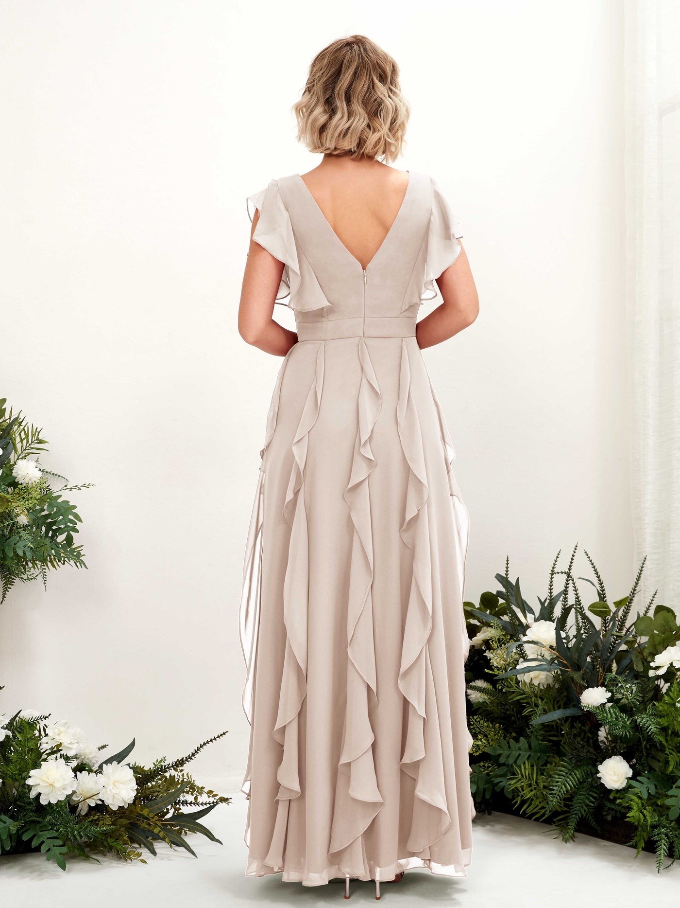Carlyna V-Ausschnitt Bodenlang Gerafftes Brautjungfernkleid Champagner #farbe_champagner