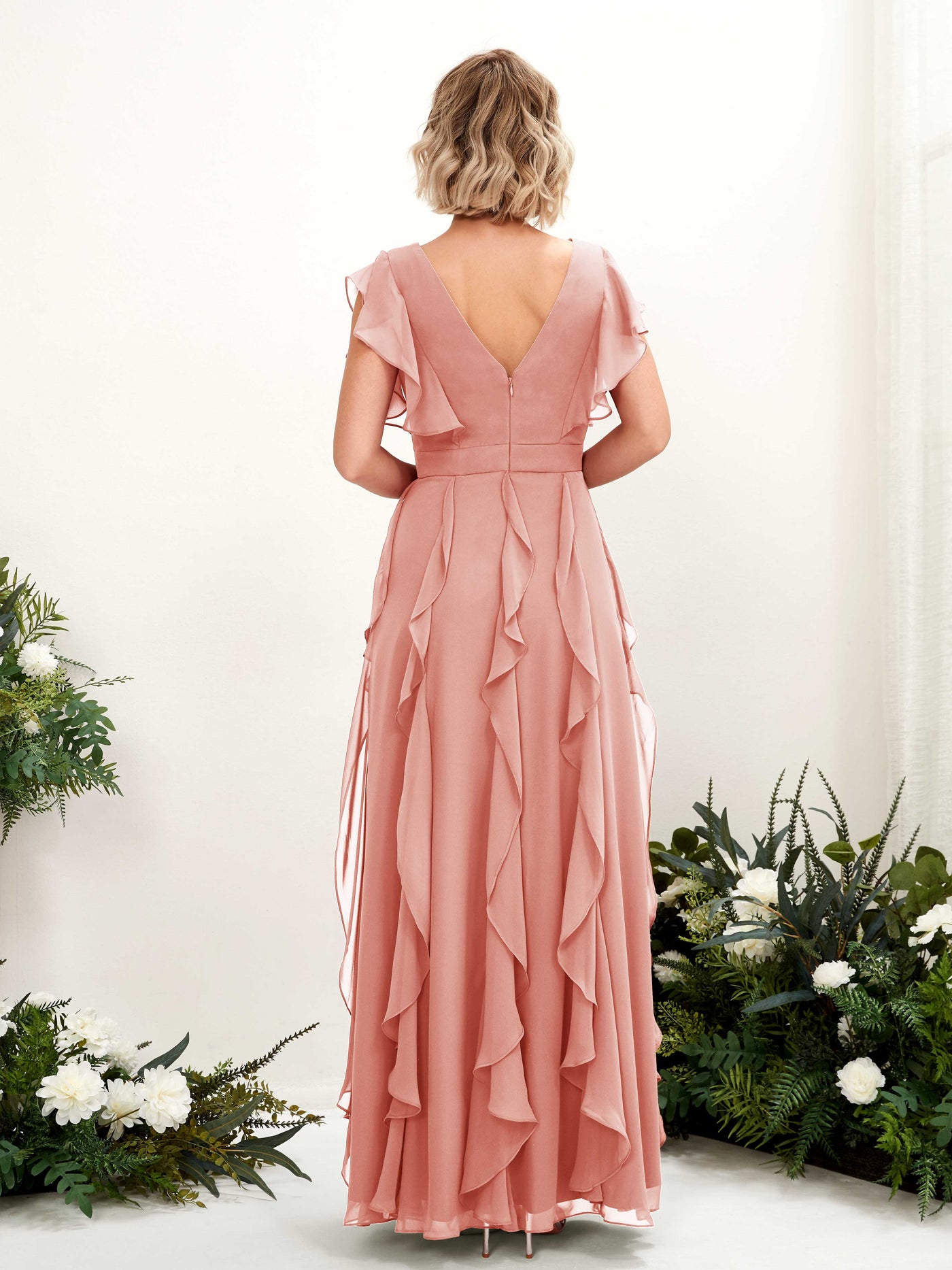 Carlyna V-Ausschnitt Bodenlang Gerafftes Brautjungfernkleid Champagner-Rose #farbe_champagner-rose
