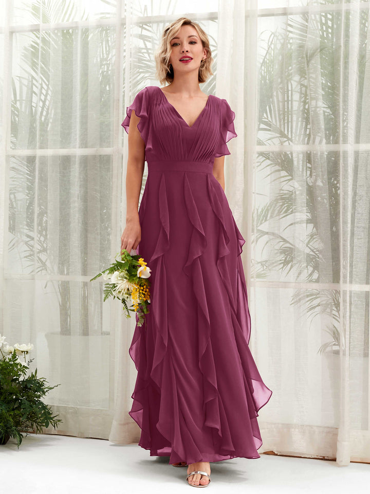 Carlyna V-Ausschnitt Bodenlang Gerafftes Brautjungfernkleid Chianti 
