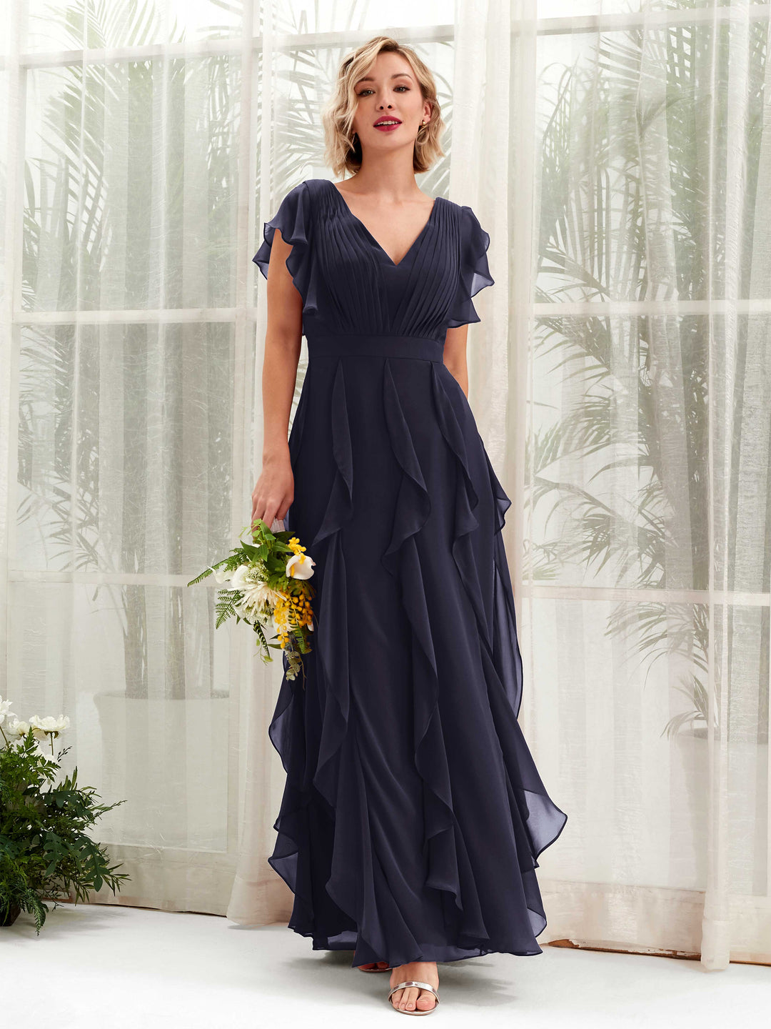Carlyna V-Ausschnitt Bodenlang Gerafftes Brautjungfernkleid Dunkel Marineblau 