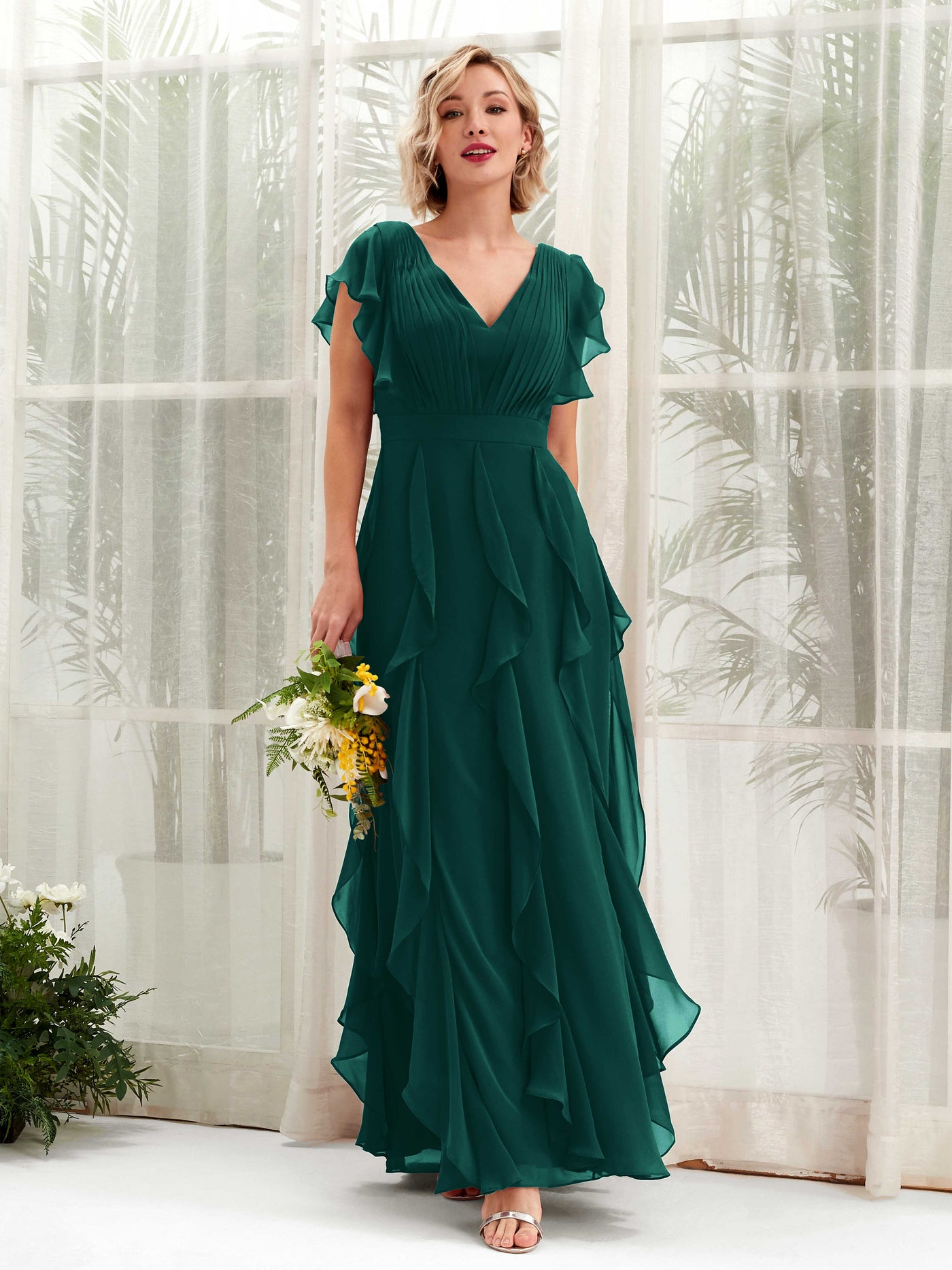 Carlyna V-Ausschnitt Bodenlang Gerafftes Brautjungfernkleid Dunkelsmaragd #farbe_dunkelsmaragd