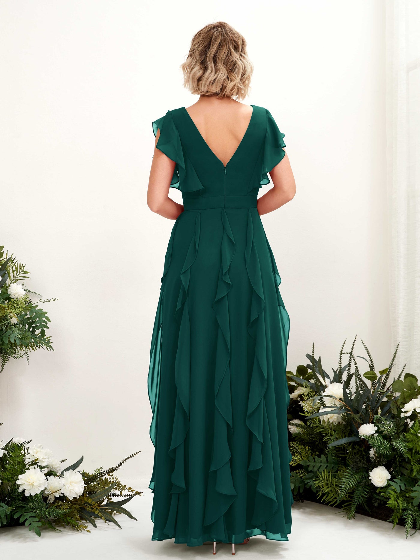 Carlyna V-Ausschnitt Bodenlang Gerafftes Brautjungfernkleid Dunkelsmaragd #farbe_dunkelsmaragd