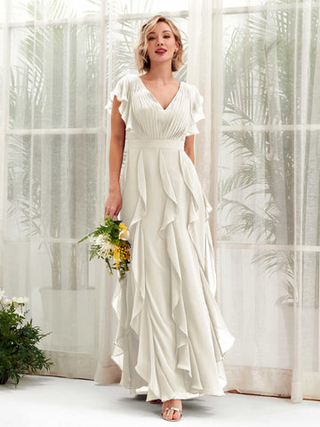 Carlyna V-Ausschnitt Bodenlang Gerafftes Brautjungfernkleid Elfenbein #farbe_elfenbein