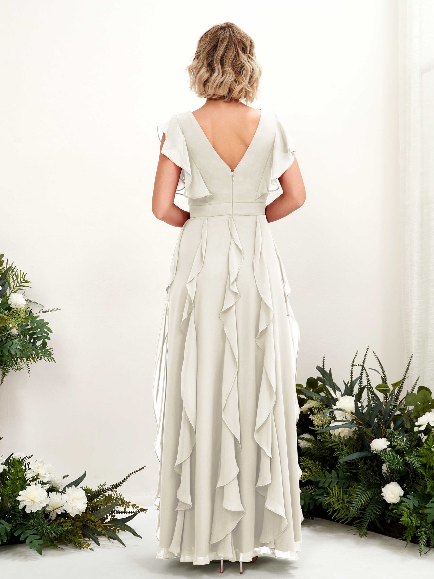 Carlyna V-Ausschnitt Bodenlang Gerafftes Brautjungfernkleid Elfenbein #farbe_elfenbein