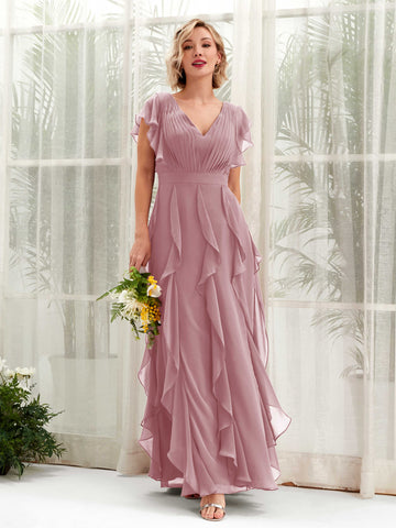 Carlyna V-Ausschnitt Bodenlang Gerafftes Brautjungfernkleid Klassisch Mauve #farbe_klassisch-mauve