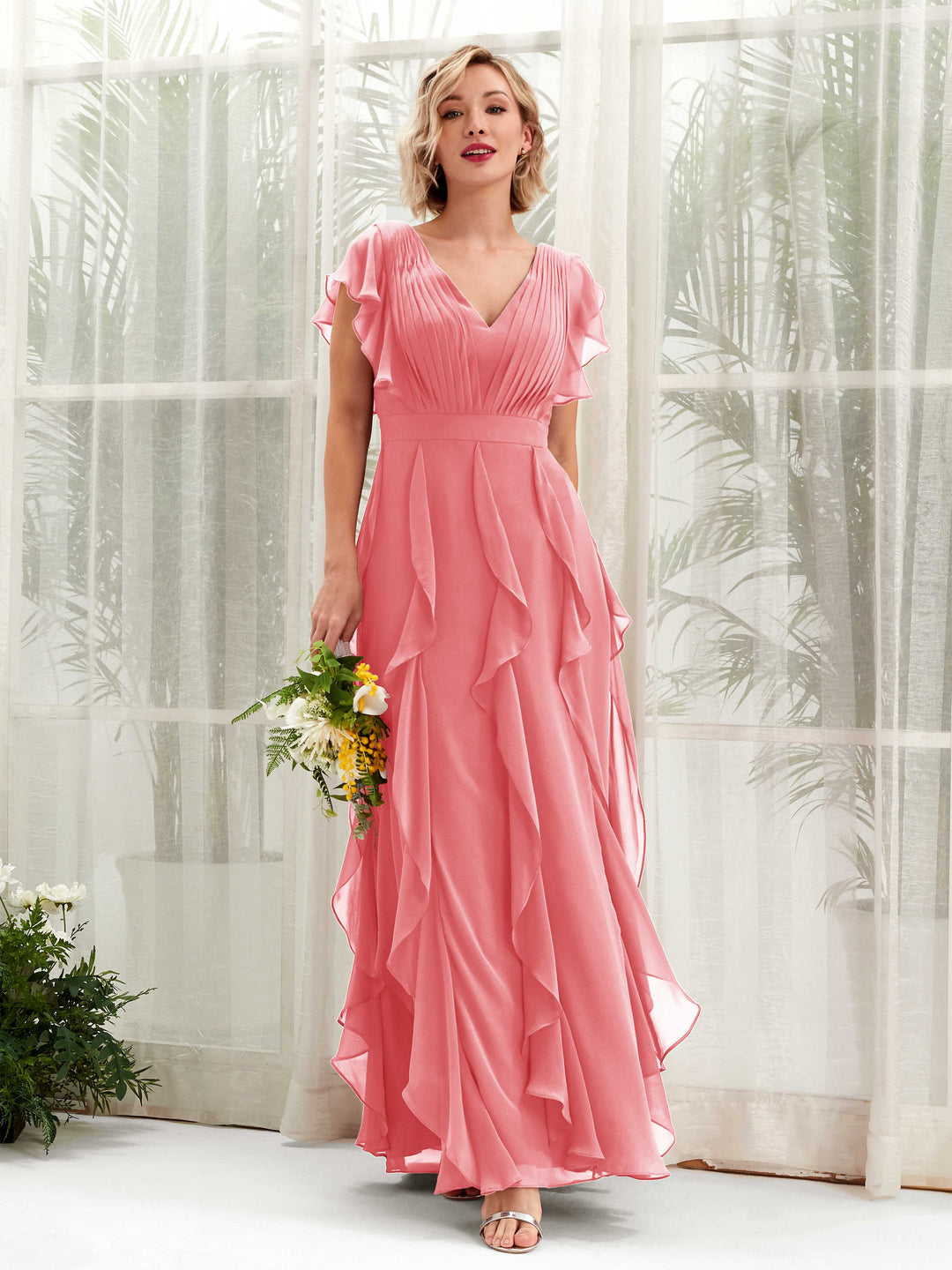 Carlyna V-Ausschnitt Bodenlang Gerafftes Brautjungfernkleid Korallenrosa 