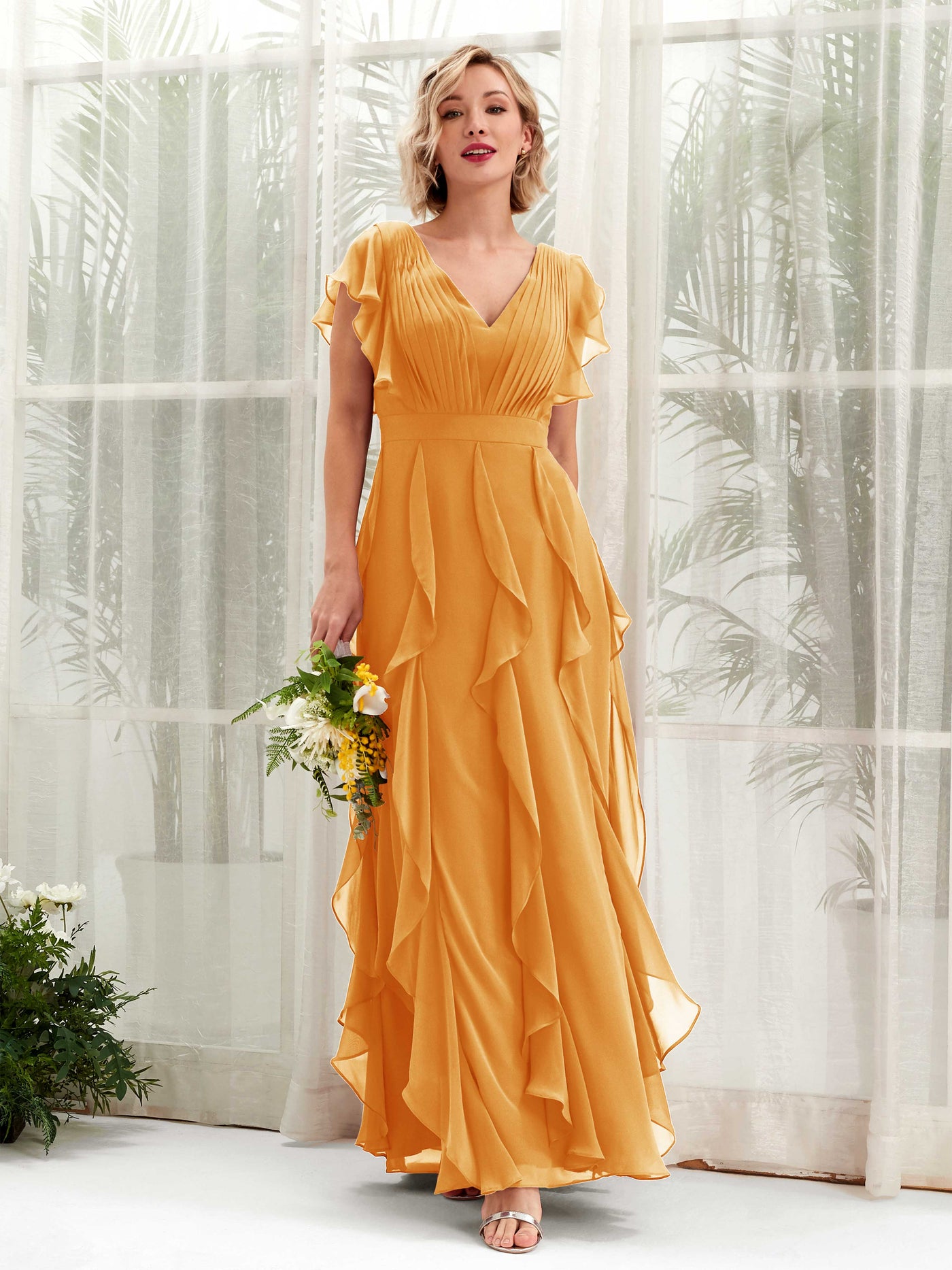 Carlyna V-Ausschnitt Bodenlang Gerafftes Brautjungfernkleid Mango #farbe_mango