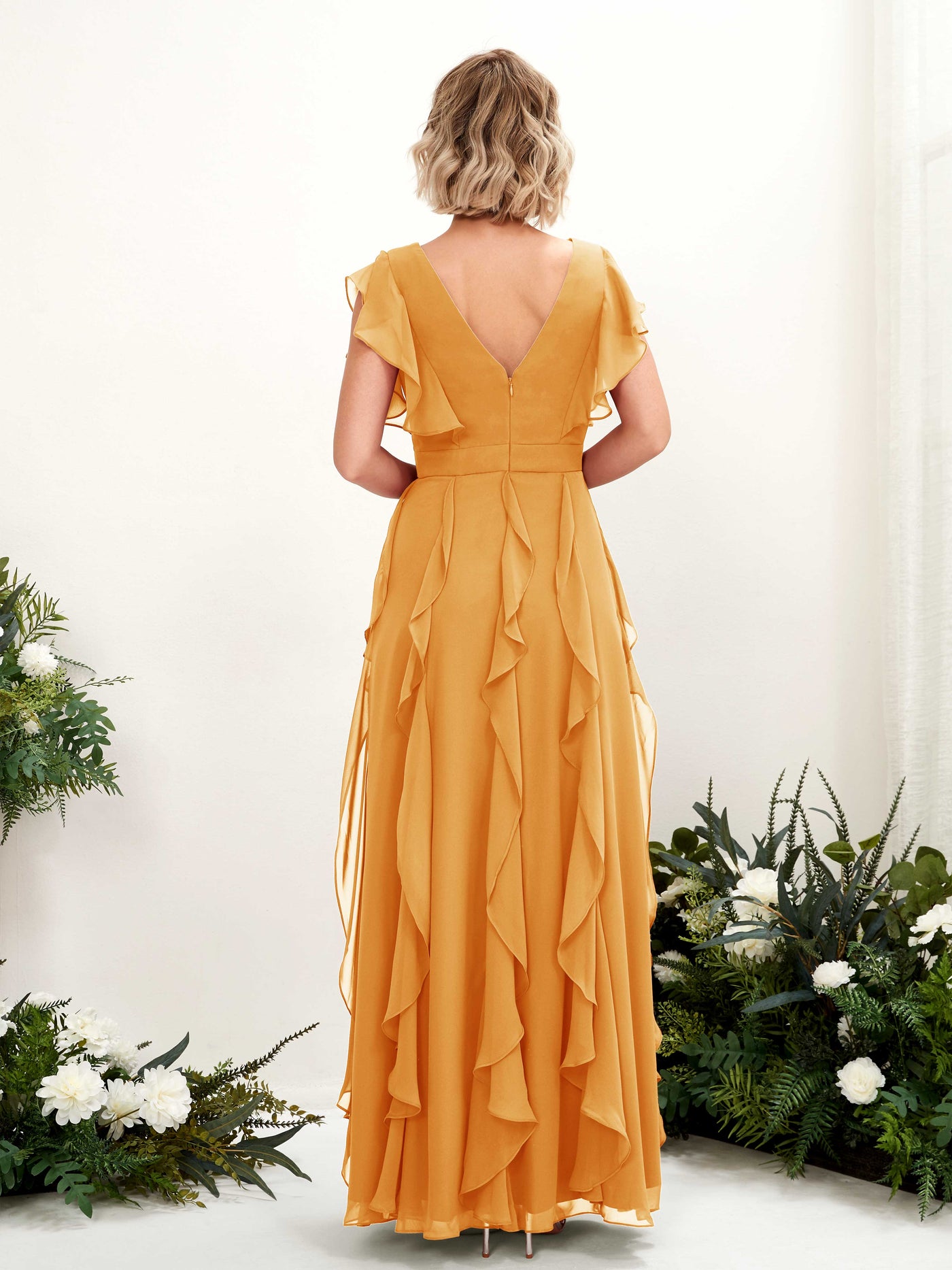 Carlyna V-Ausschnitt Bodenlang Gerafftes Brautjungfernkleid Mango #farbe_mango