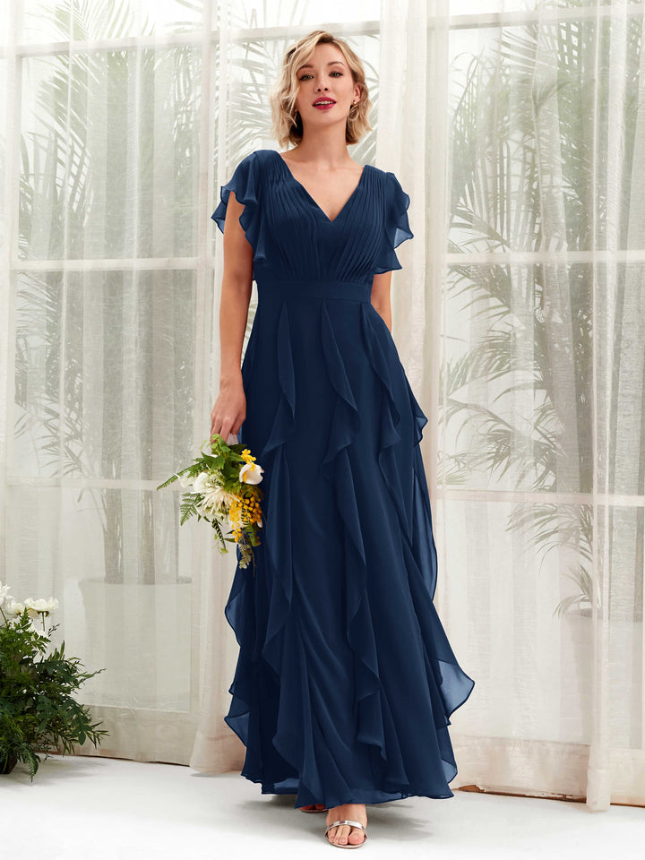 Carlyna V-Ausschnitt Bodenlang Gerafftes Brautjungfernkleid Marineblau 