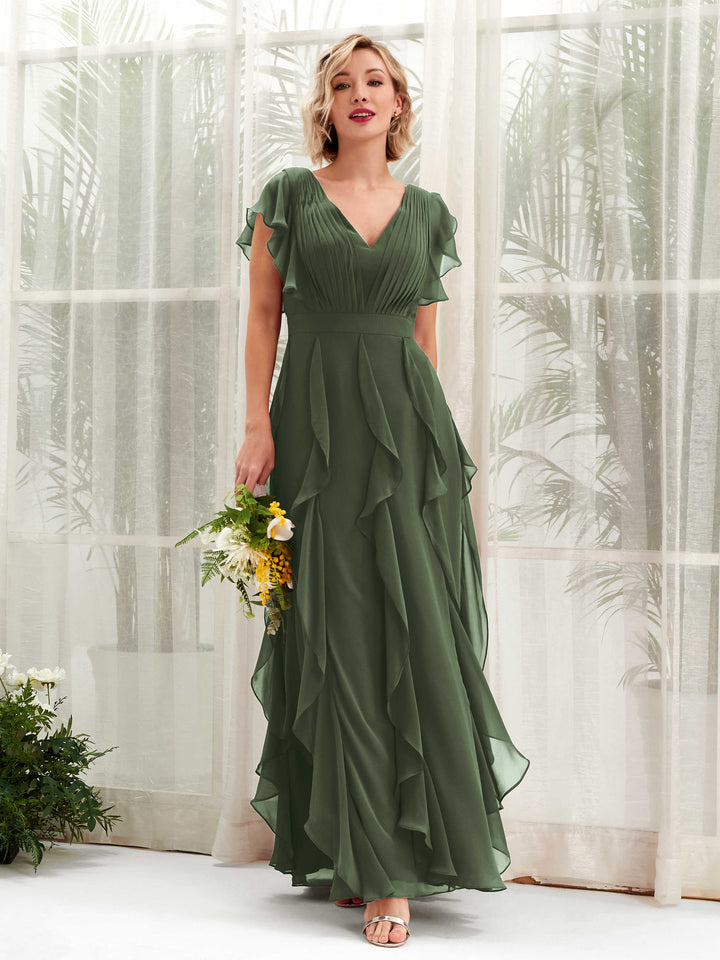 Carlyna V-Ausschnitt Bodenlang Gerafftes Brautjungfernkleid Martini-Olive 