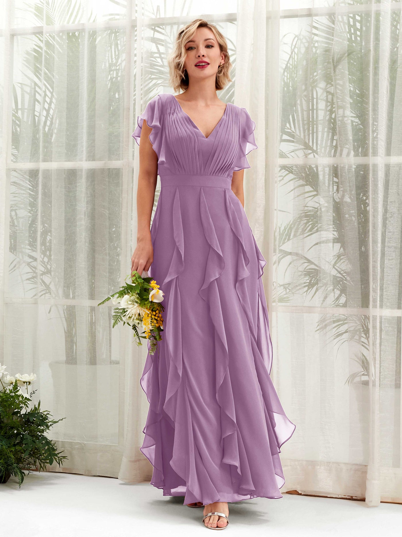 Carlyna V-Ausschnitt Bodenlang Gerafftes Brautjungfernkleid Orchideen-Nebel #farbe_orchideen-nebel