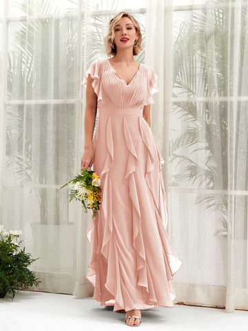 Carlyna V-Ausschnitt Bodenlang Gerafftes Brautjungfernkleid Perlrosa #farbe_perlrosa
