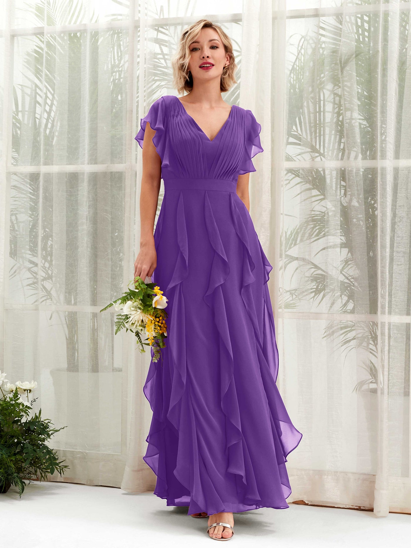 Carlyna V-Ausschnitt Bodenlang Gerafftes Brautjungfernkleid Regency #farbe_regency