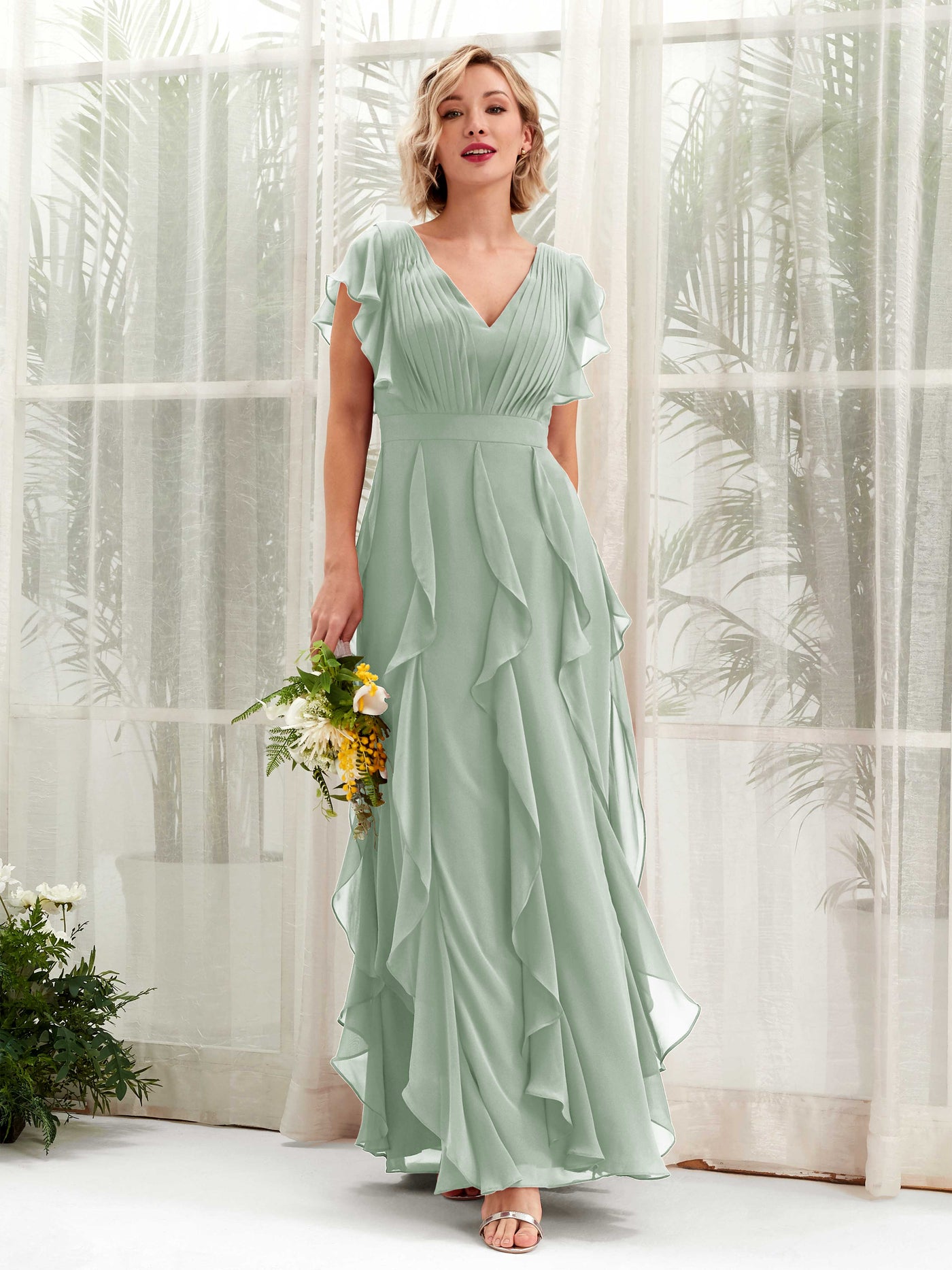 Carlyna V-Ausschnitt Bodenlang Gerafftes Brautjungfernkleid Salbeigrün #farbe_salbeigr-n