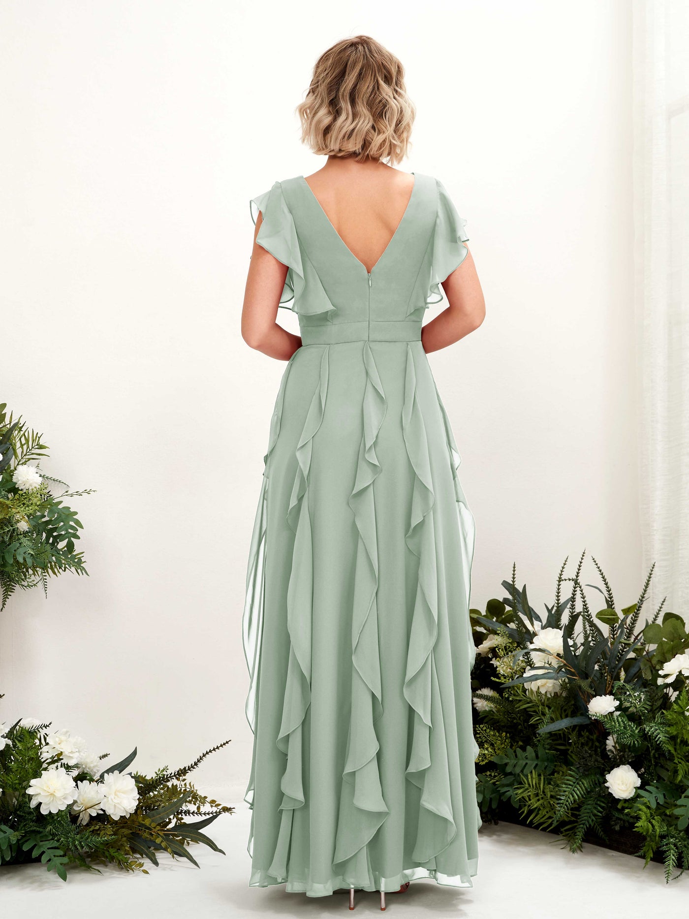 Carlyna V-Ausschnitt Bodenlang Gerafftes Brautjungfernkleid Salbeigrün #farbe_salbeigr-n